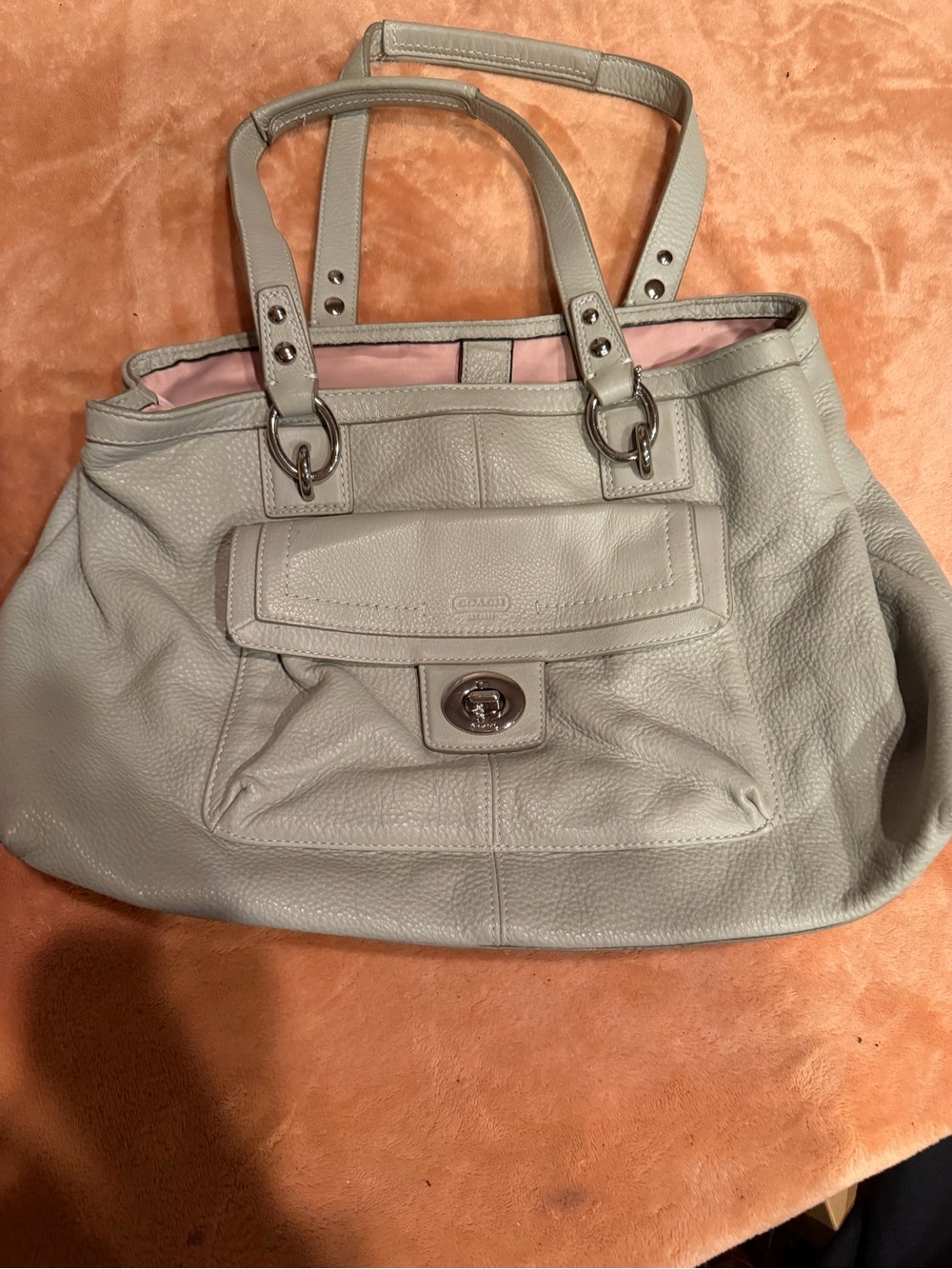 Coach Pebbled Leather Tote in Light Gray with Pink Lining